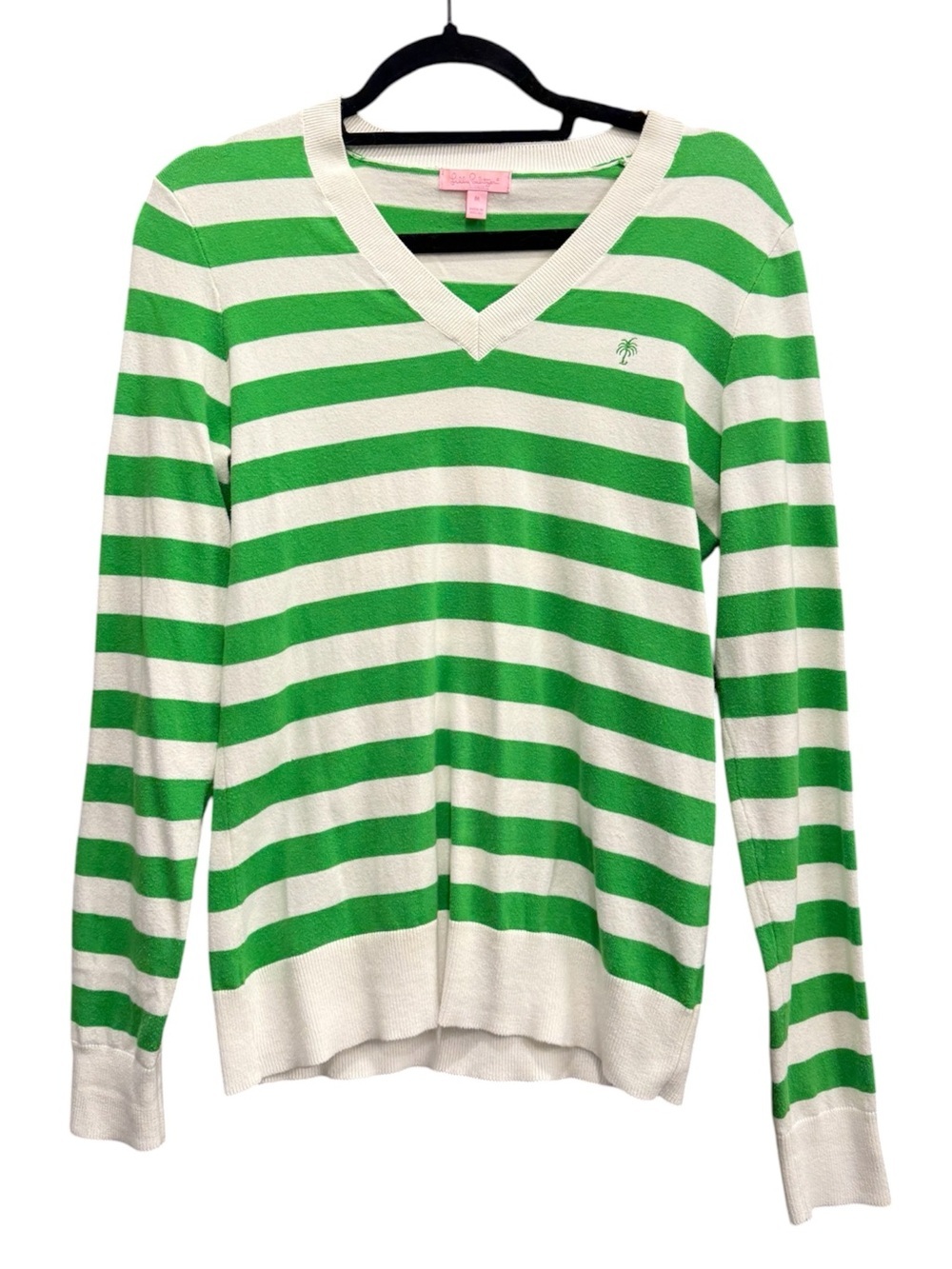Lilly Pulitzer Green and White Striped V-neck Sweater Y2K
